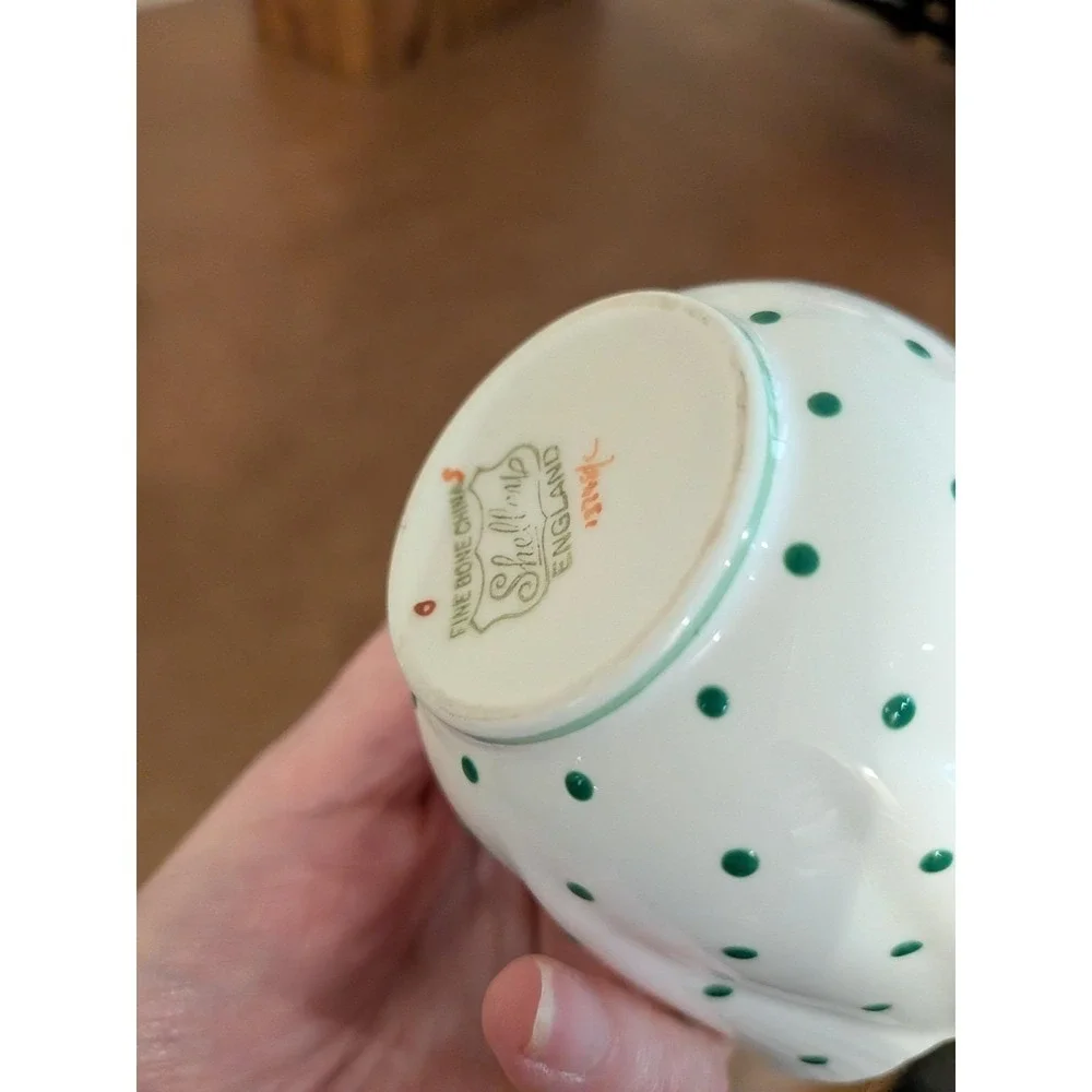 Shelley England Dainty Green Polka Dot Teacup and Saucer Fine Bone China 13748